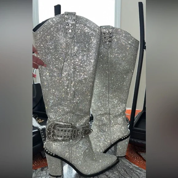 Dolls Kill Silver Rhinestone Boots - Picture 1 of 6
